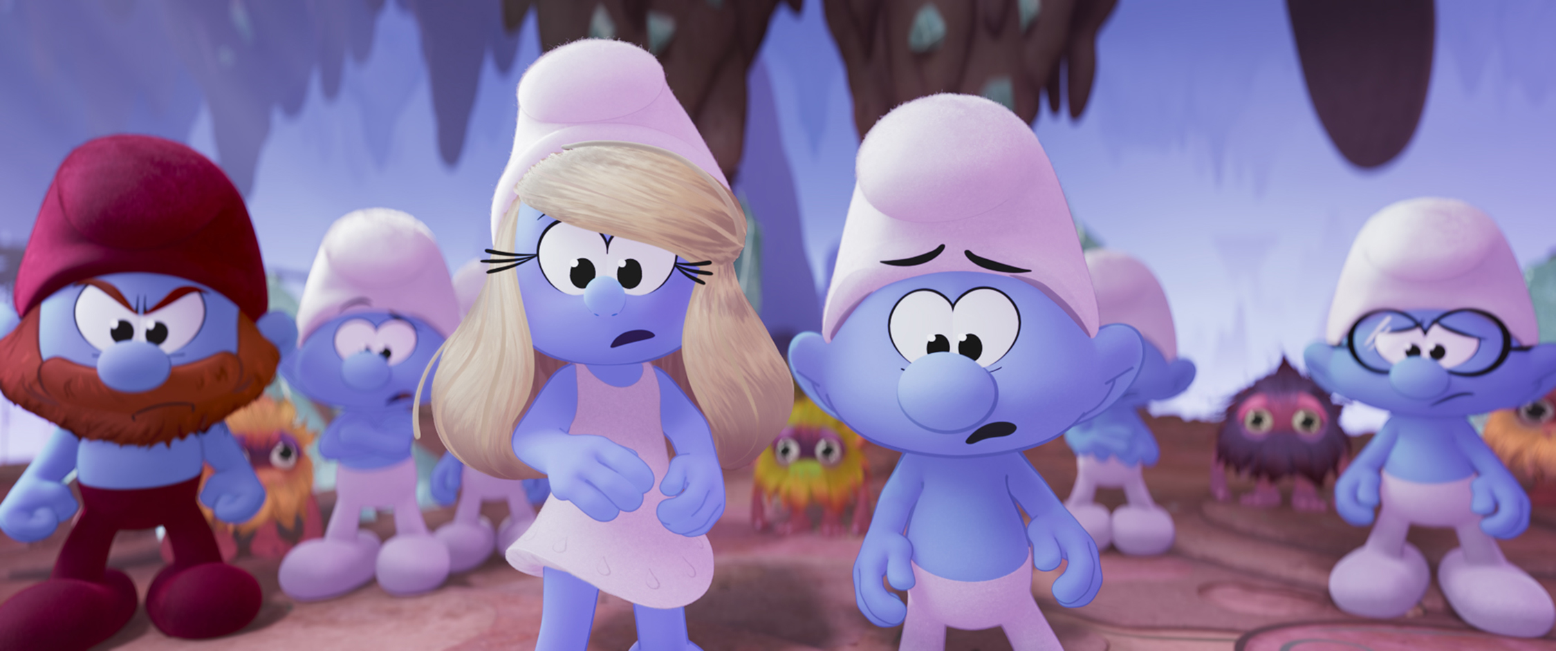 SMURFS Ken (Nick Offerman), Smurfette (Rihanna), No Name (James Corden) and Brainy Smurf (Xolo Mariduena) in Smurfs from Paramount Animation.